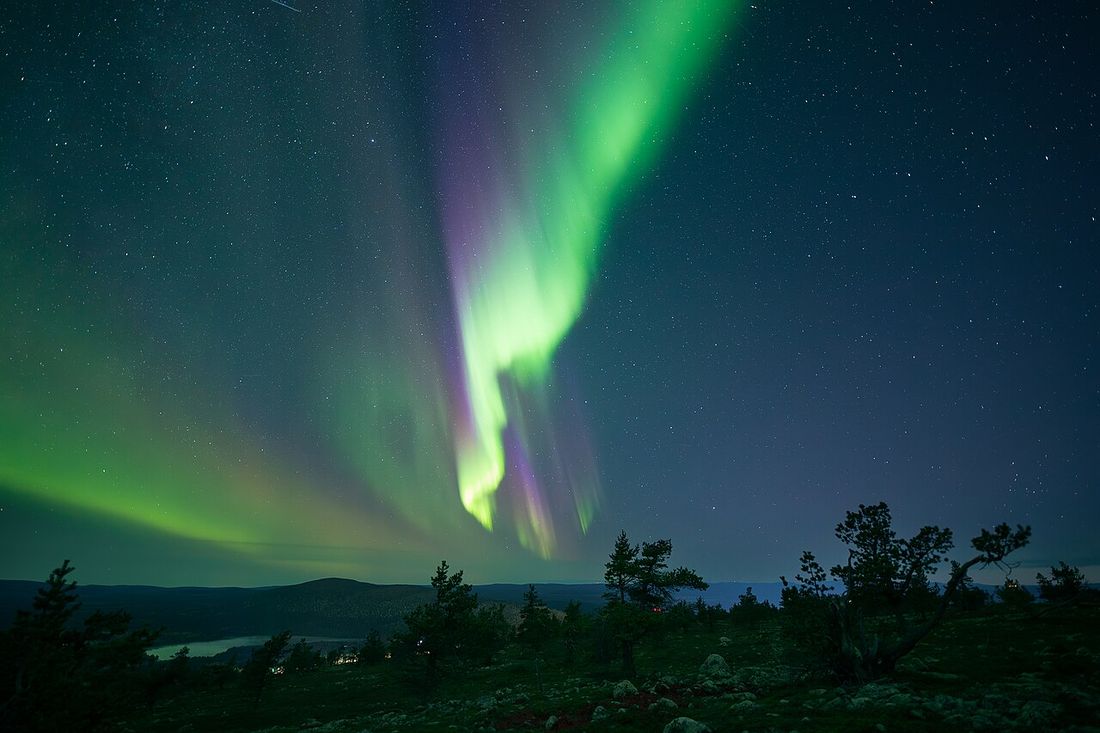 Aurora verde y violeta sobre el bosque de Levi, Laponia finlandesa